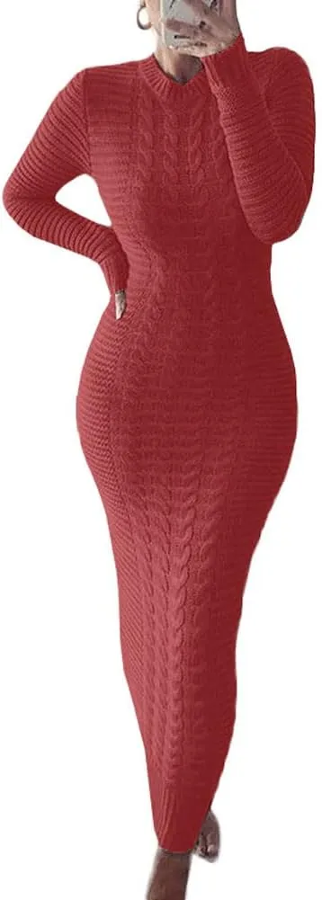 chouyatou Women's Sexy Crewneck Long Sleeve Cable Knit Bodycon Maxi Pullover Sweater Dress