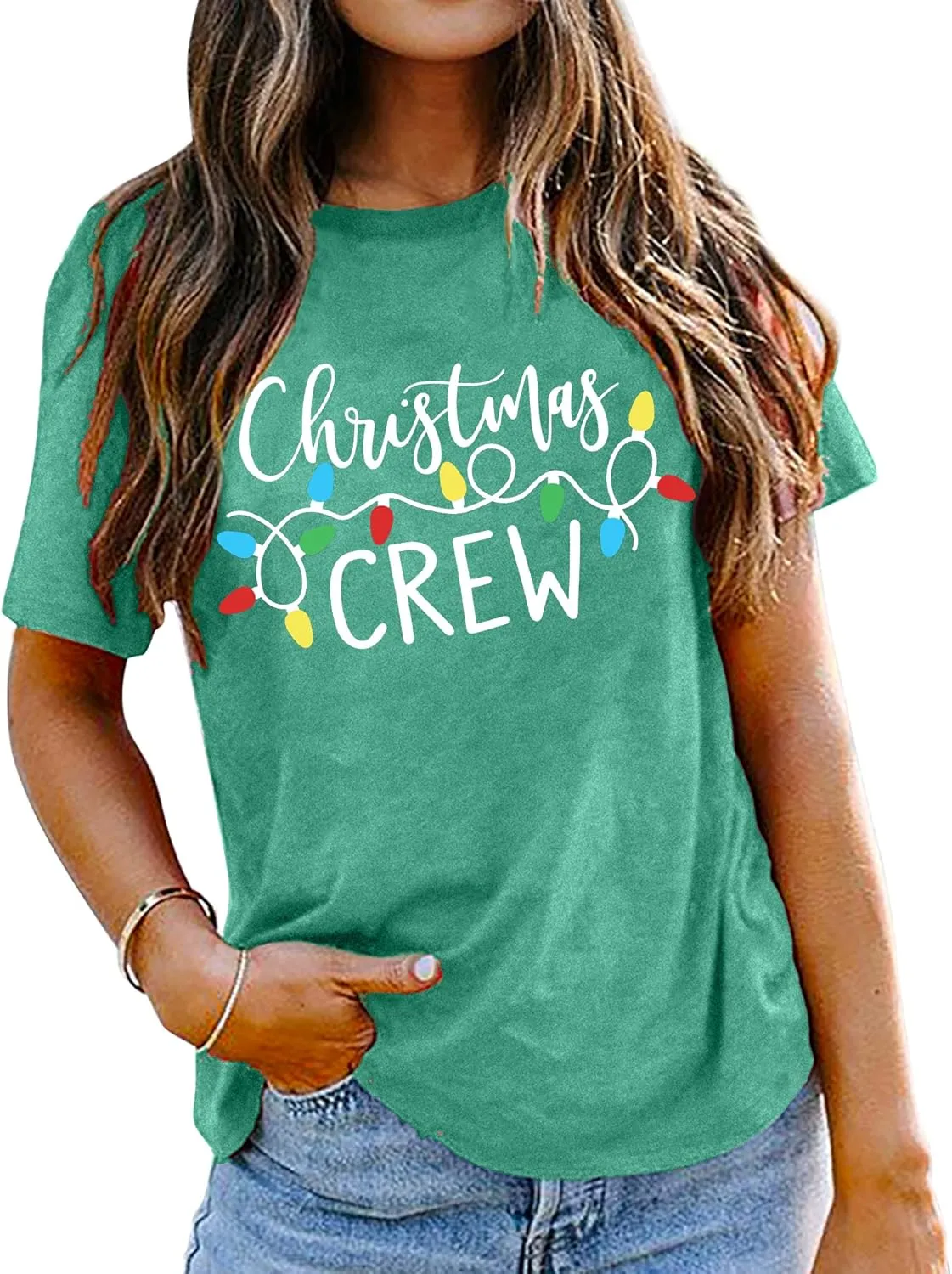 Christmas Crew Shirts for Women Xmas Shirt Top Short Sleeve Christmas Lights Print Graphic T Shirt Holiday Tees