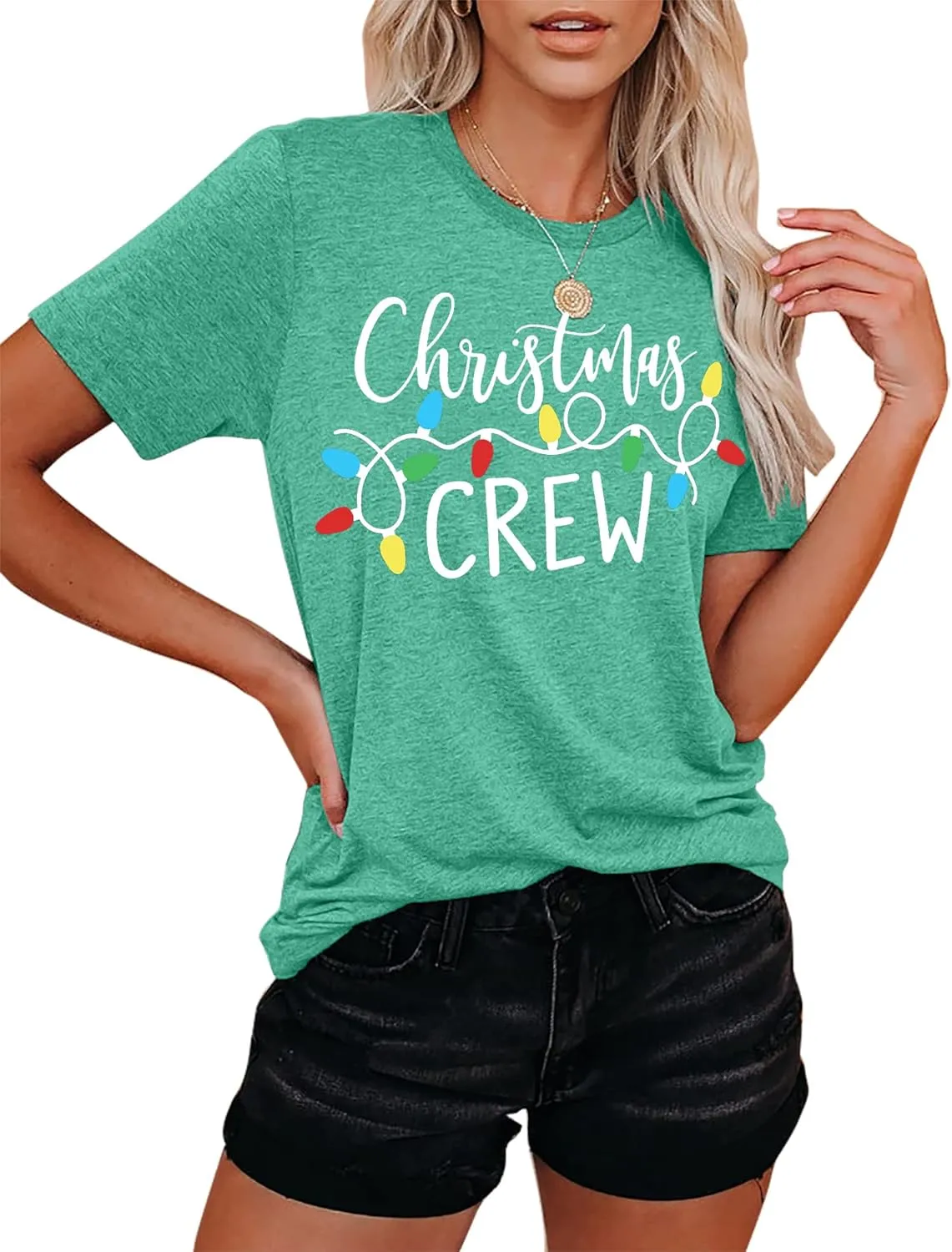 Christmas Crew Shirts for Women Xmas Shirt Top Short Sleeve Christmas Lights Print Graphic T Shirt Holiday Tees