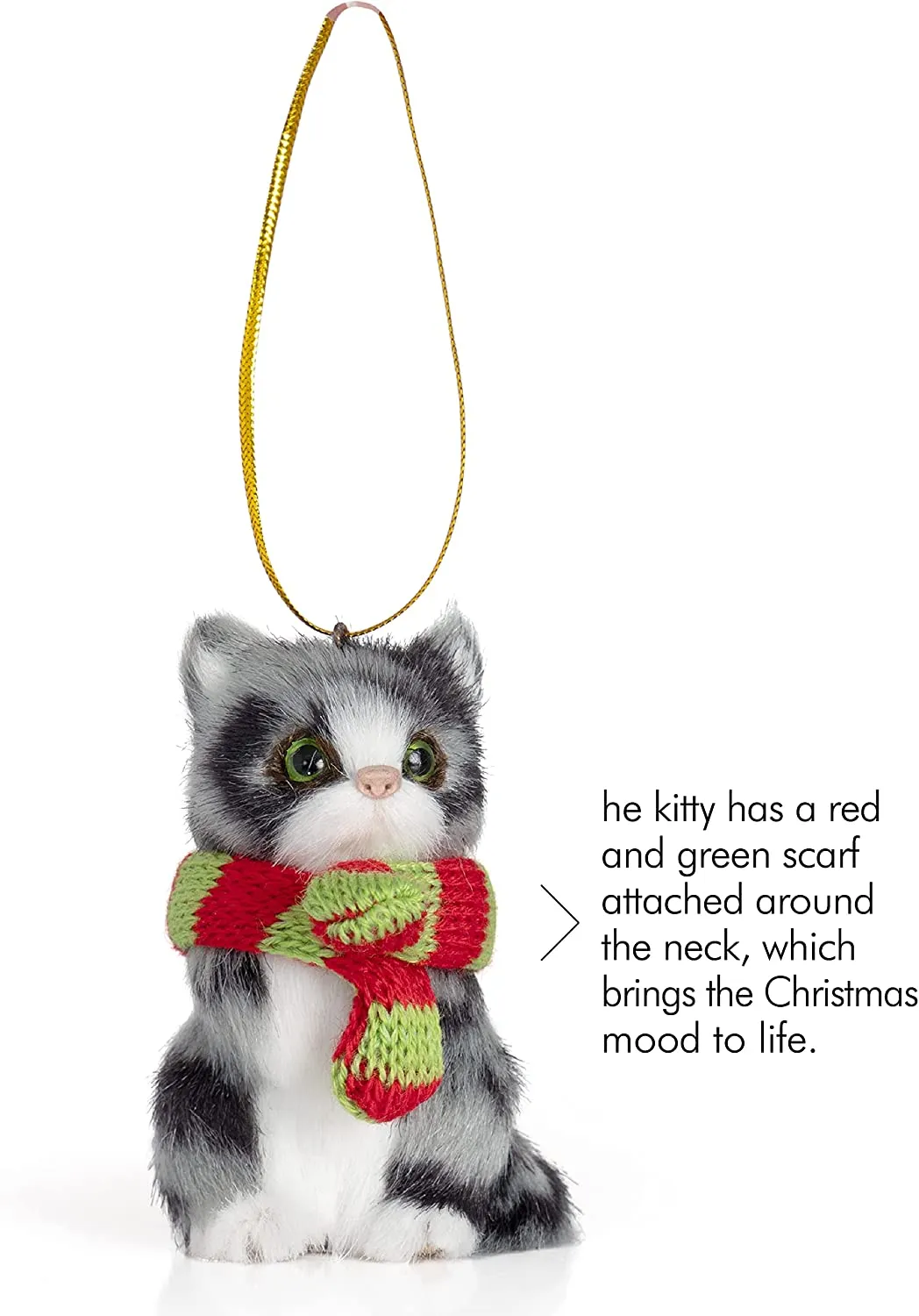 Christmas Mini Cat Ornament - Furry Grey Kitten with Scarf Holiday Tree Hanging Decoration
