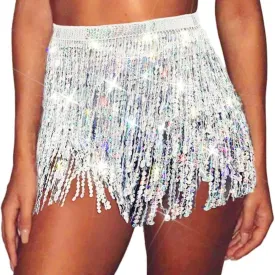 Christmas Sequin Tassel Skirt Belly Dance Skirt Sparkly Hip Scarf Skirt New Year Party Costume for Women