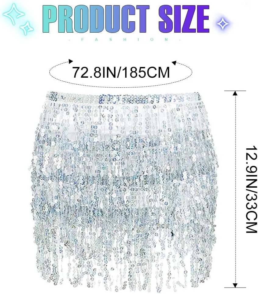 Christmas Sequin Tassel Skirt Belly Dance Skirt Sparkly Hip Scarf Skirt New Year Party Costume for Women