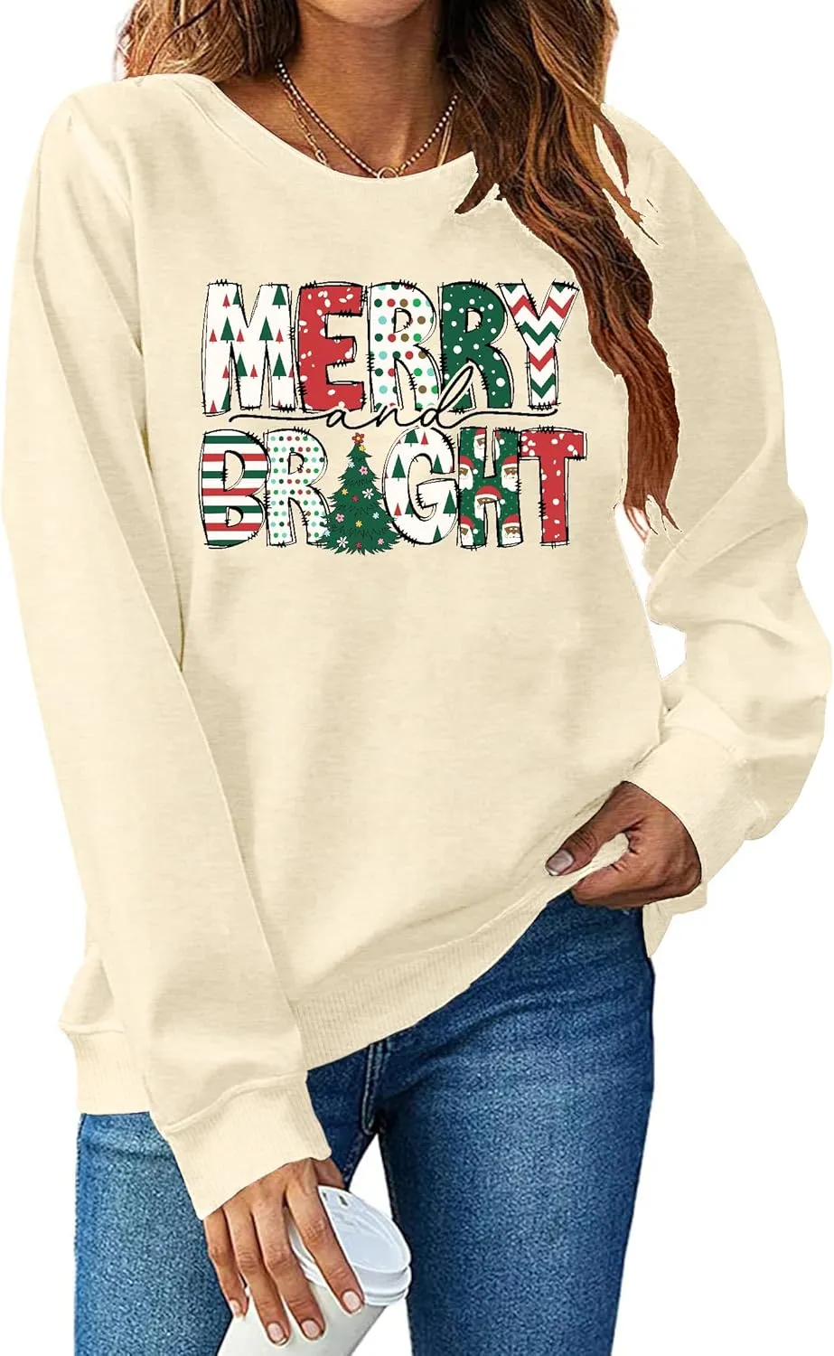Christmas Sweatshirt Women Merry and Bright Christmas T-Shirt Funny Xmas Lights Blouse Tops Holiday Shirts
