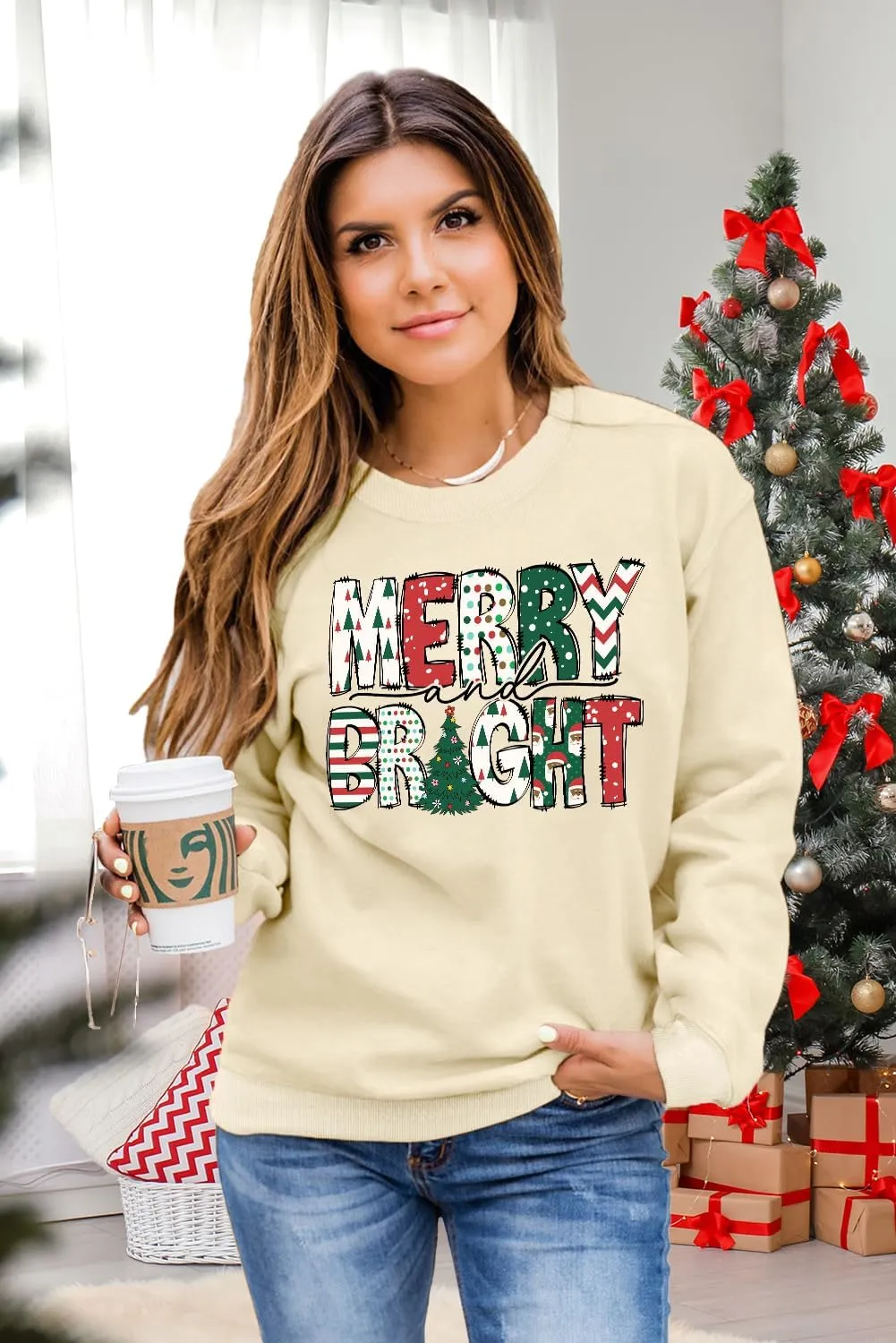 Christmas Sweatshirt Women Merry and Bright Christmas T-Shirt Funny Xmas Lights Blouse Tops Holiday Shirts