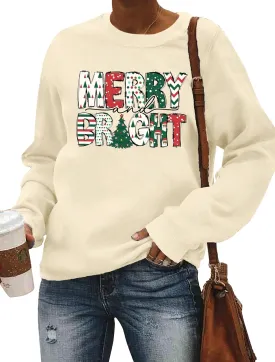 Christmas Sweatshirt Women Merry and Bright Christmas T-Shirt Funny Xmas Lights Blouse Tops Holiday Shirts