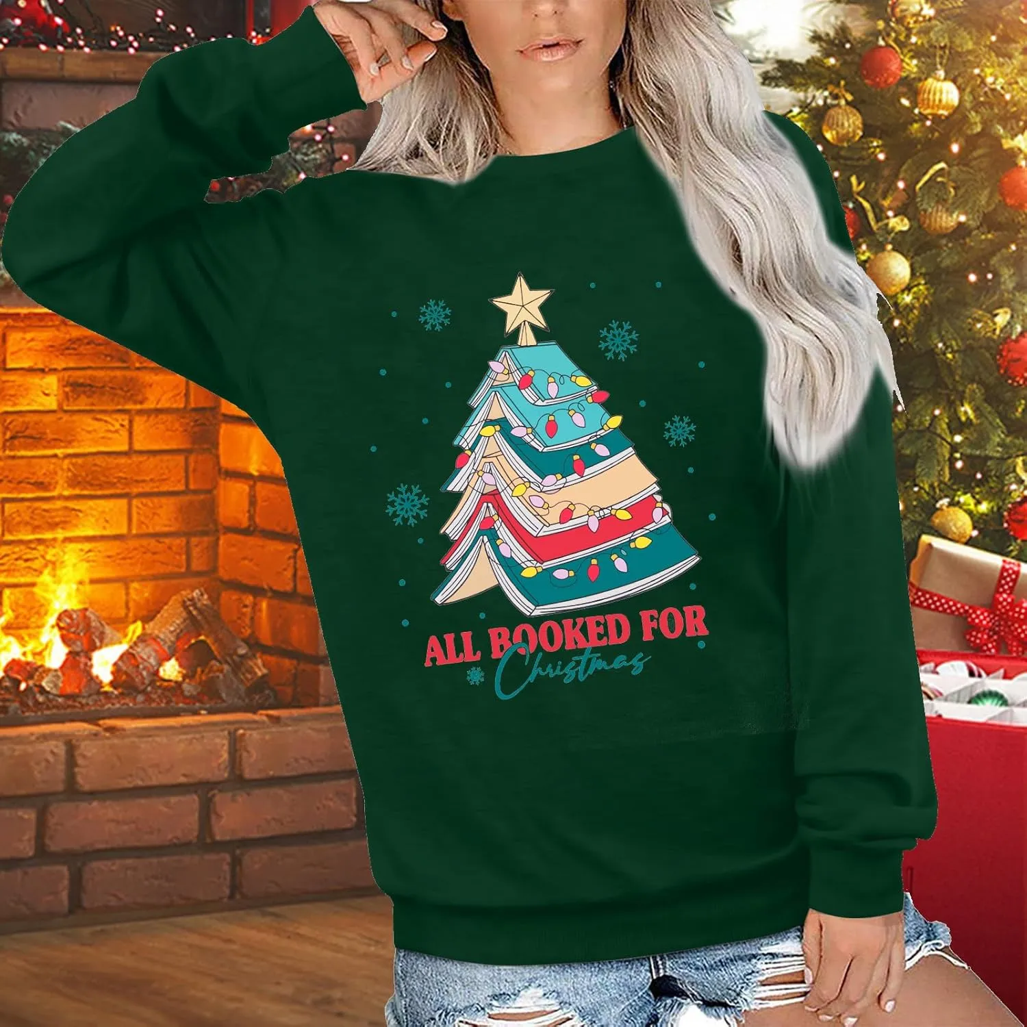 Christmas Sweatshirts for Women Cute Christmas Tree Graphic Long Sleeve Shirt Xmas Holiday Party Pullover Blouse