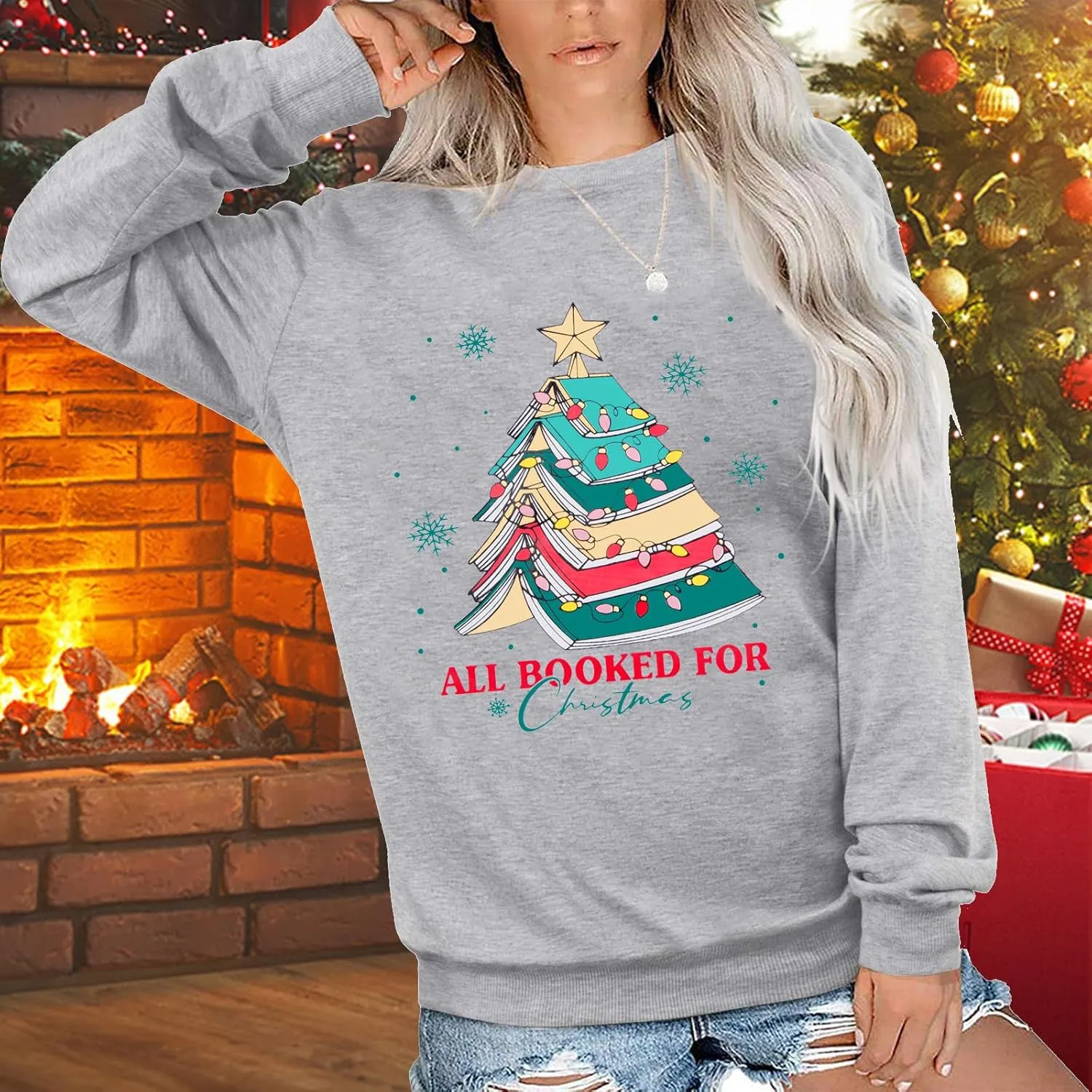 Christmas Sweatshirts for Women Cute Christmas Tree Graphic Long Sleeve Shirt Xmas Holiday Party Pullover Blouse