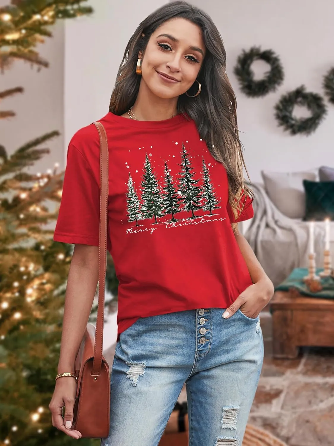 Christmas Tree Shirt for Women Merry Christmas Printed T-Shirts Short Sleeve Holiday Tee Xmas Gift Tops