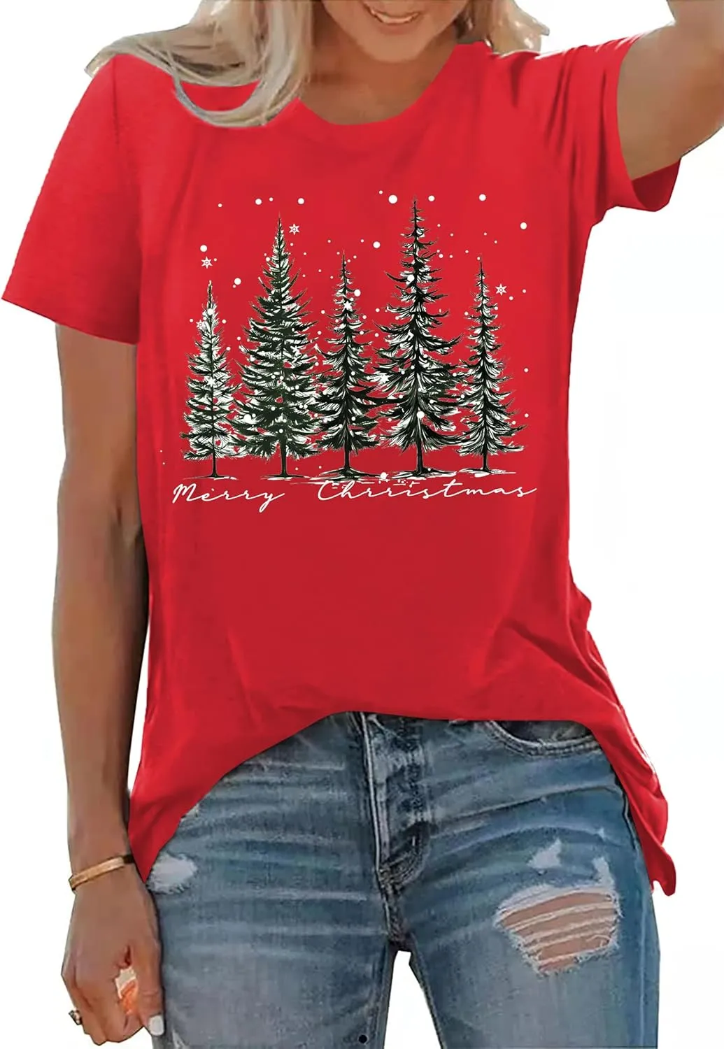 Christmas Tree Shirt for Women Merry Christmas Printed T-Shirts Short Sleeve Holiday Tee Xmas Gift Tops