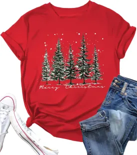 Christmas Tree Shirt for Women Merry Christmas Printed T-Shirts Short Sleeve Holiday Tee Xmas Gift Tops