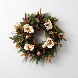 Cream Real Touch Magnolia, Antique Gold Eucalyptus and Mixed Pine Holiday Front Door Wreath