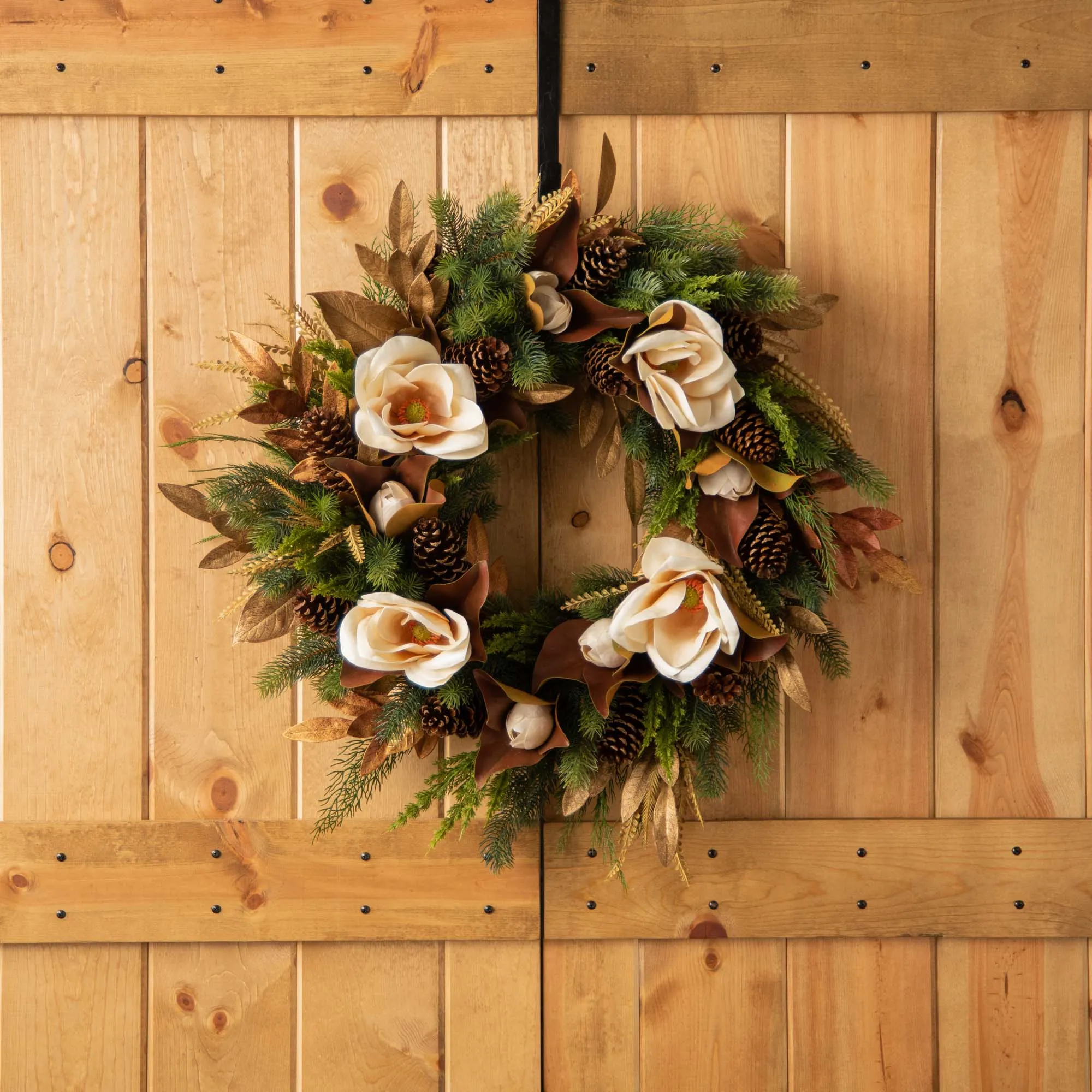Cream Real Touch Magnolia, Antique Gold Eucalyptus and Mixed Pine Holiday Front Door Wreath