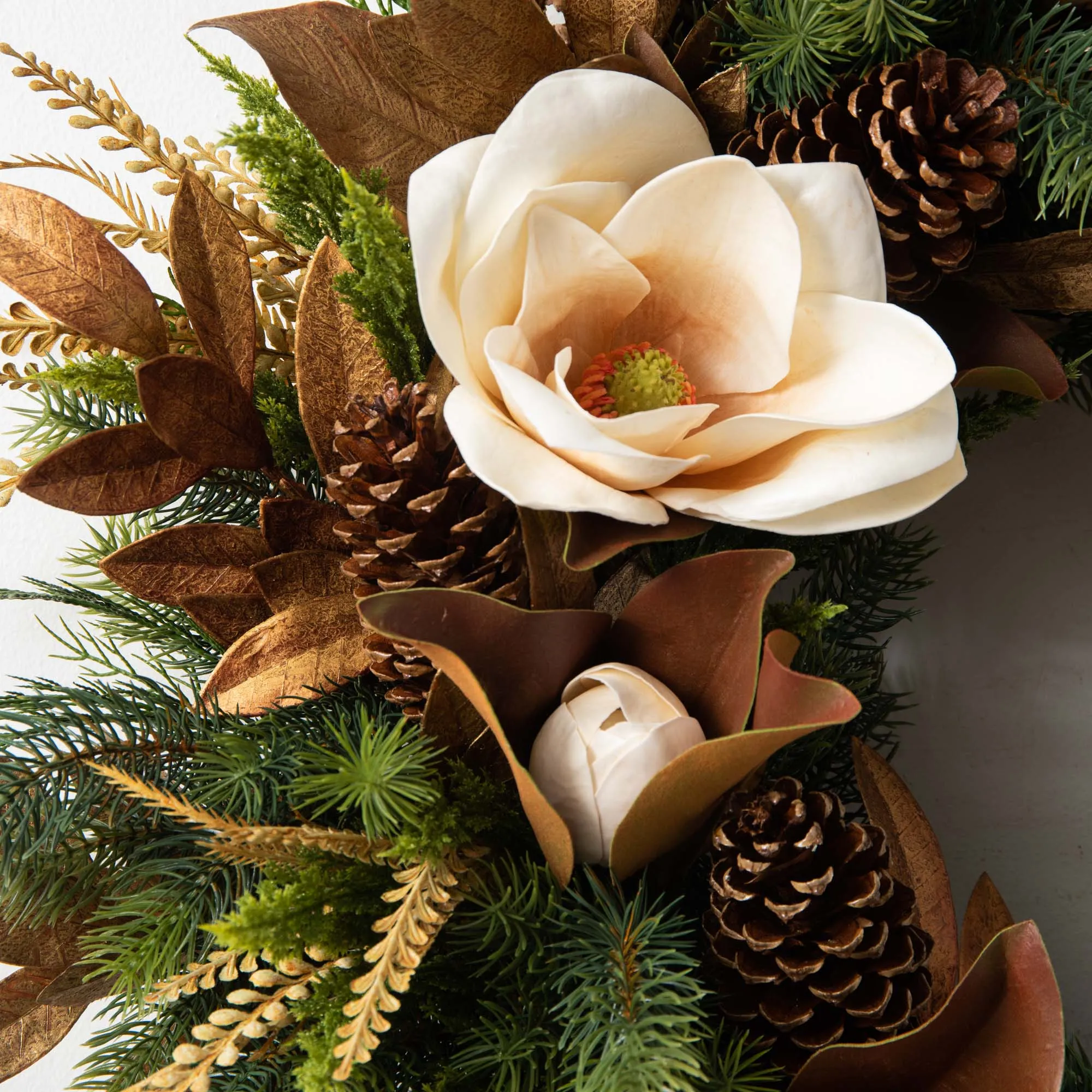 Cream Real Touch Magnolia, Antique Gold Eucalyptus and Mixed Pine Holiday Front Door Wreath