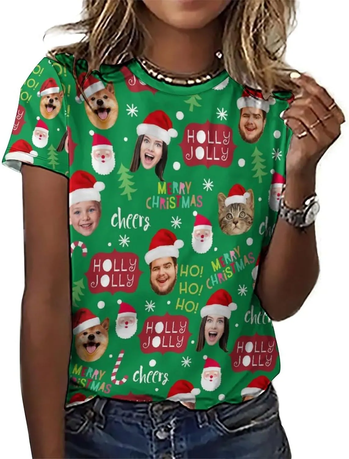 Custom Christmas Shirts for Men Women Family Matching Funny Faces Print Santa T-Shirts Personalized Tees