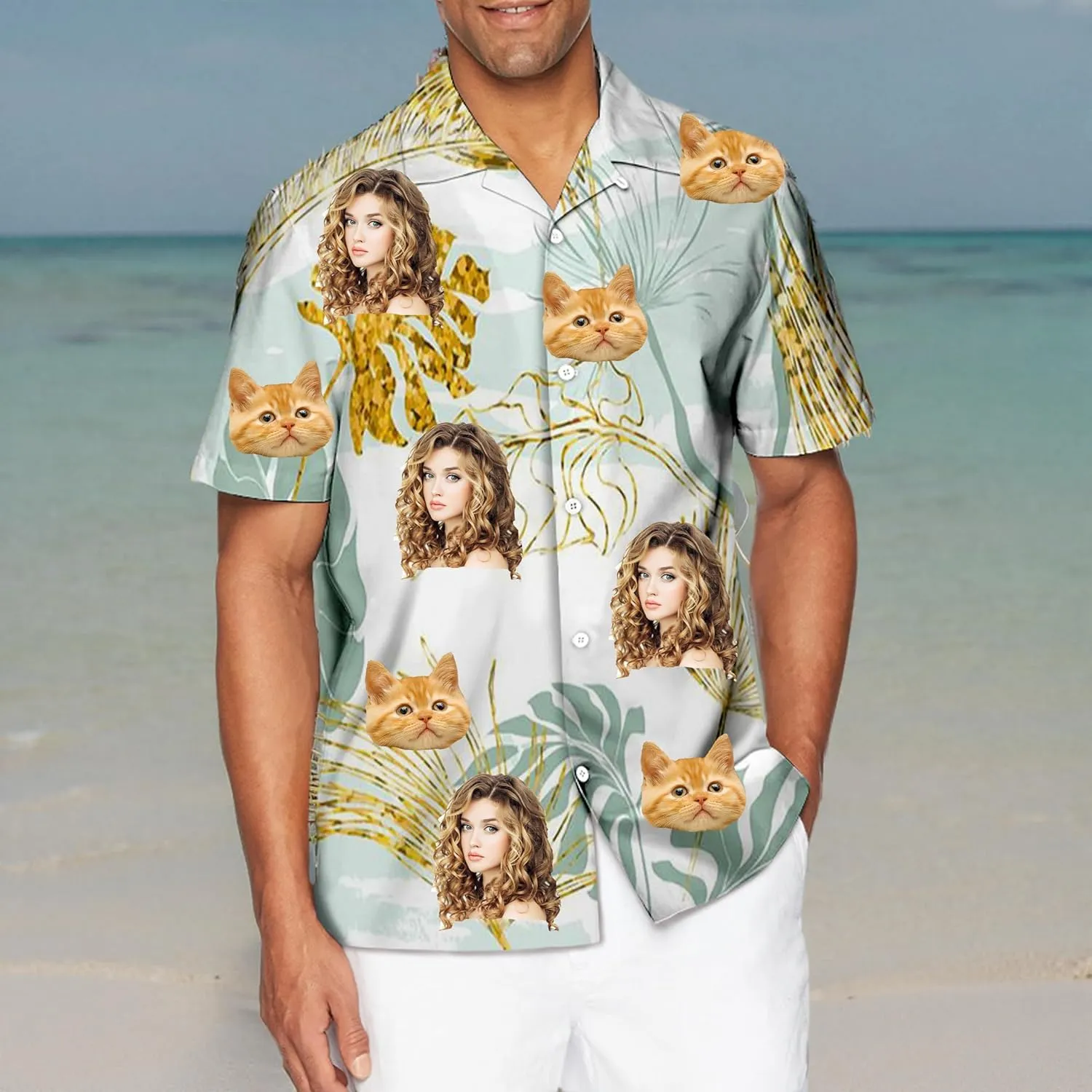 Custom Hawaiian Shirt with Face Pet Face Logo Custom T Shirts Personalized Button Up Shirts for Men Fathers Birthday Gift