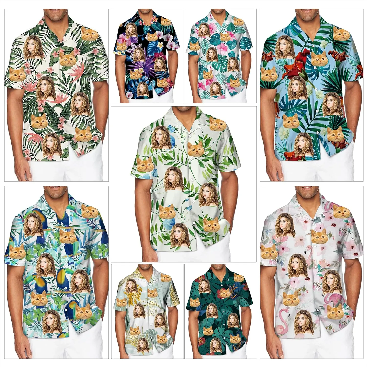 Custom Hawaiian Shirt with Face Pet Face Logo Custom T Shirts Personalized Button Up Shirts for Men Fathers Birthday Gift