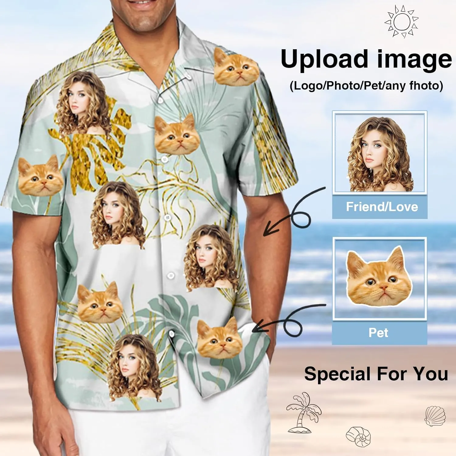 Custom Hawaiian Shirt with Face Pet Face Logo Custom T Shirts Personalized Button Up Shirts for Men Fathers Birthday Gift