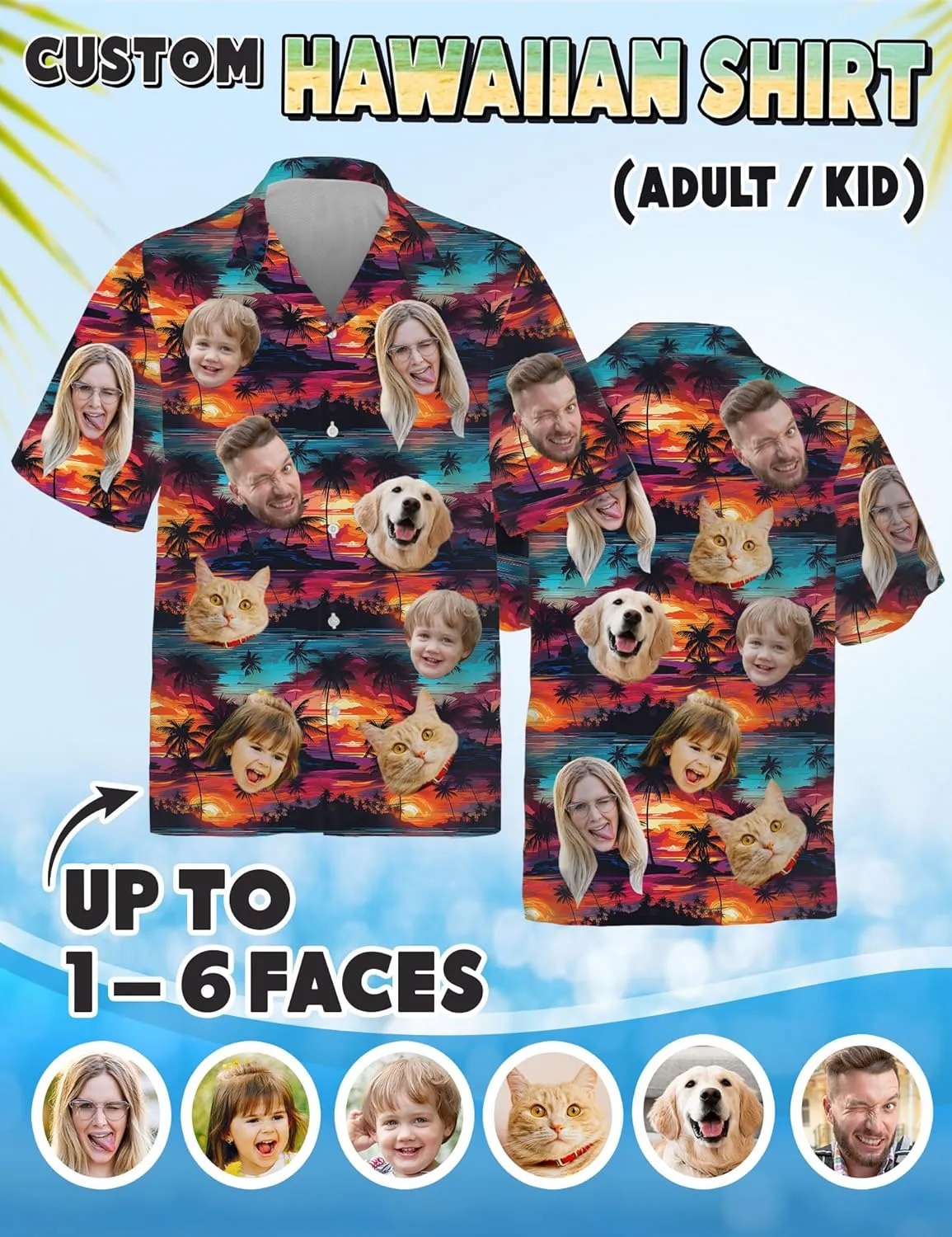 Custom Hawaiian Shirt with Face Photo Picture for Men Women Kids Youth Adult, Tropical Personalized Hawaiian Shirts Gift