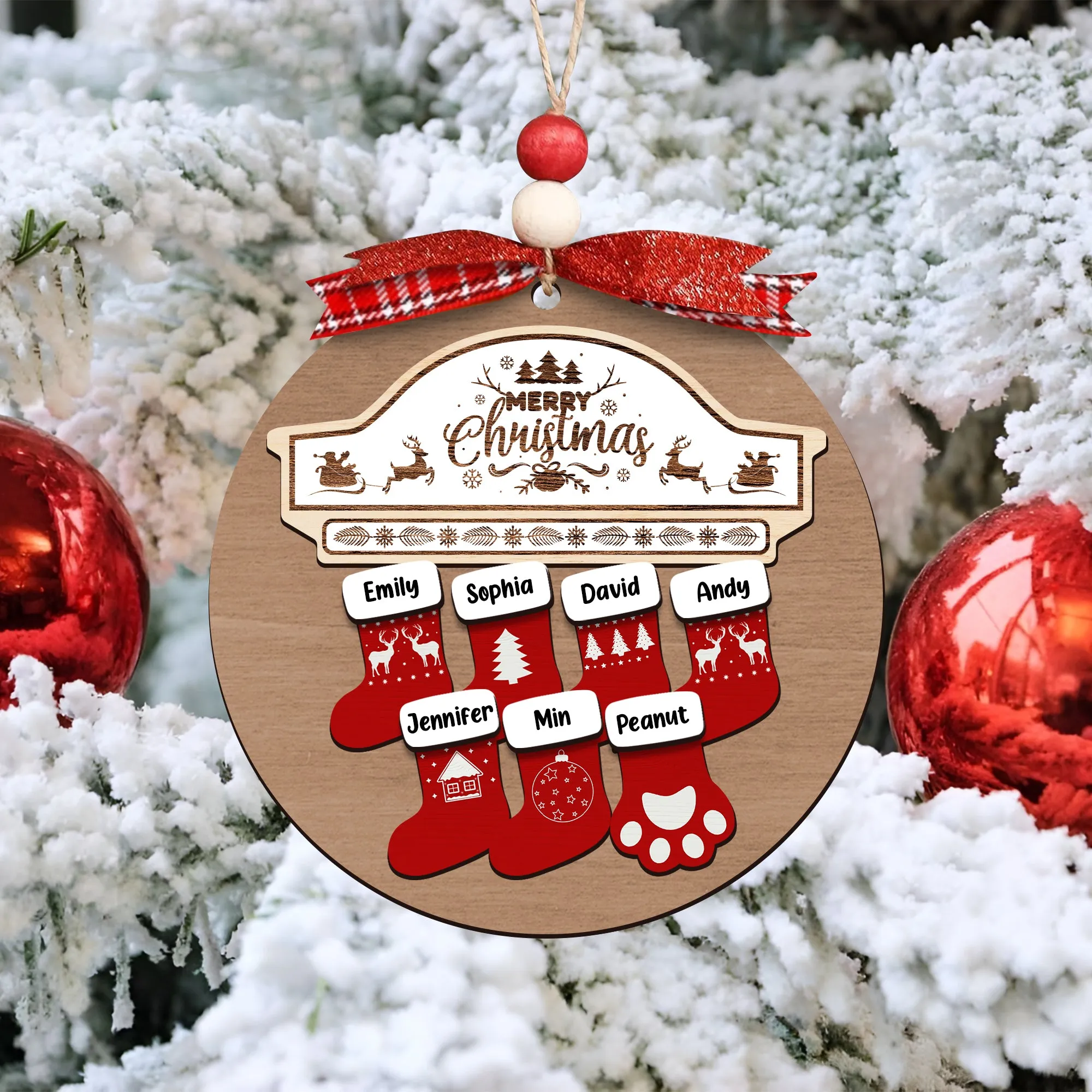 Custom Wooden Family Christmas Ornament 2024, Family Name Stocking Ornament CF14