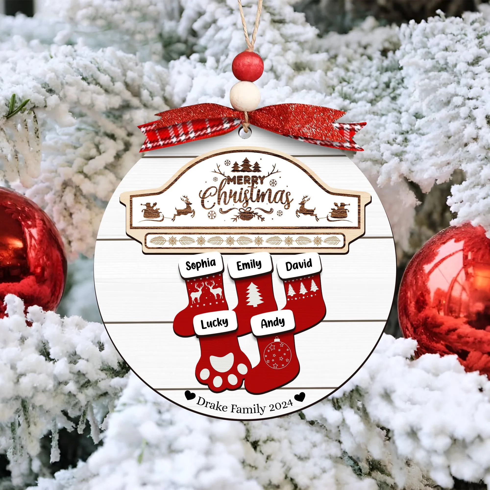 Custom Wooden Family Christmas Ornament 2024, Family Name Stocking Ornament CF14