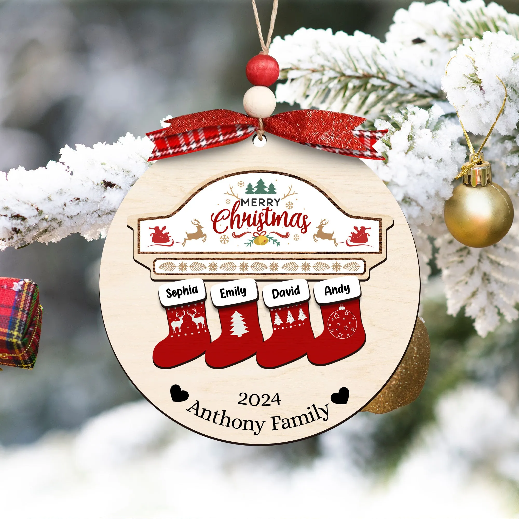Custom Wooden Family Christmas Ornament 2024, Family Name Stocking Ornament CF14