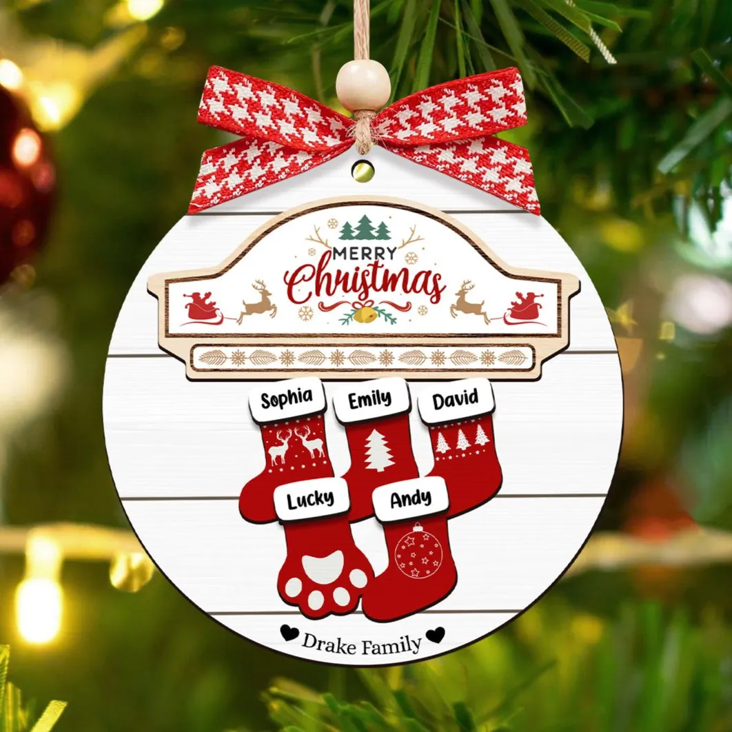 Custom Wooden Family Christmas Ornament 2024, Family Name Stocking Ornament CF14