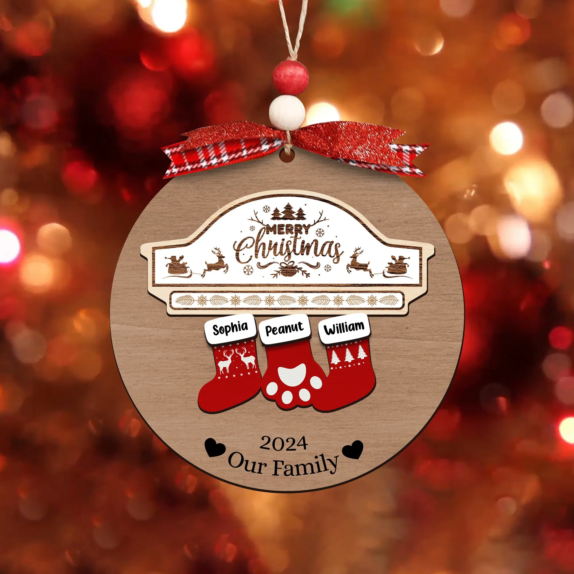 Custom Wooden Family Christmas Ornament 2024, Family Name Stocking Ornament CF14