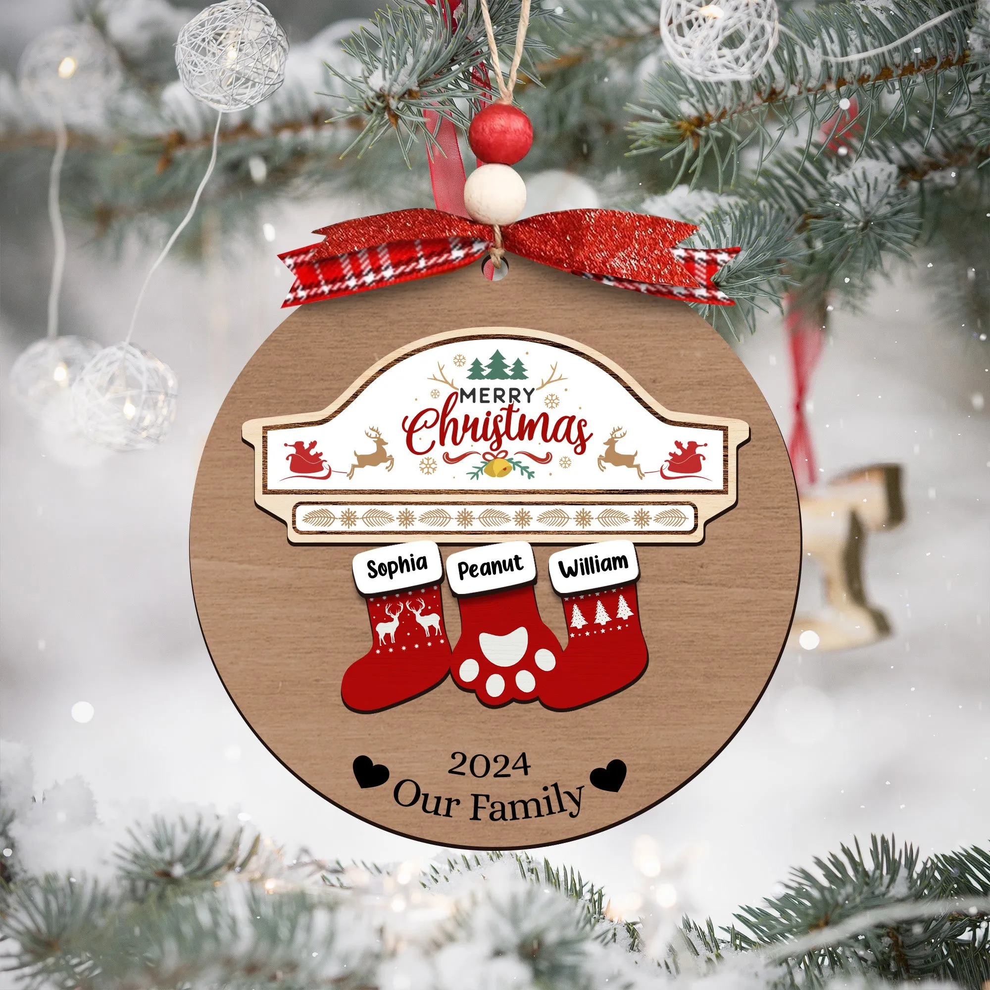 Custom Wooden Family Christmas Ornament 2024, Family Name Stocking Ornament CF14