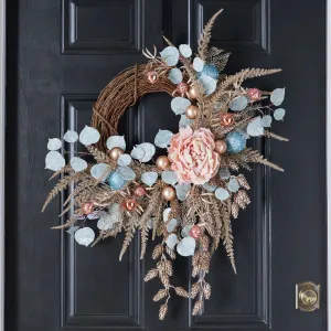 Dreaming of a Pastel Christmas - Glitter Hanging Pine Cone, Champagne Astilbe, Winter Peony & Sequin Ornament Christmas Wreath