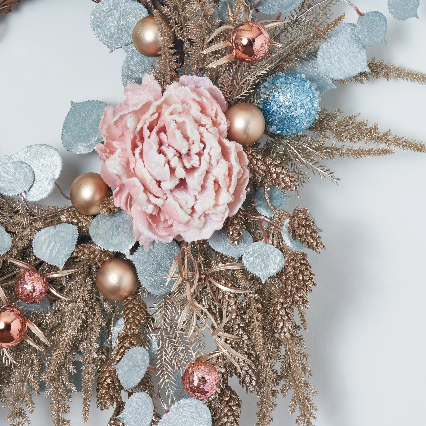 Dreaming of a Pastel Christmas - Glitter Hanging Pine Cone, Champagne Astilbe, Winter Peony & Sequin Ornament Christmas Wreath