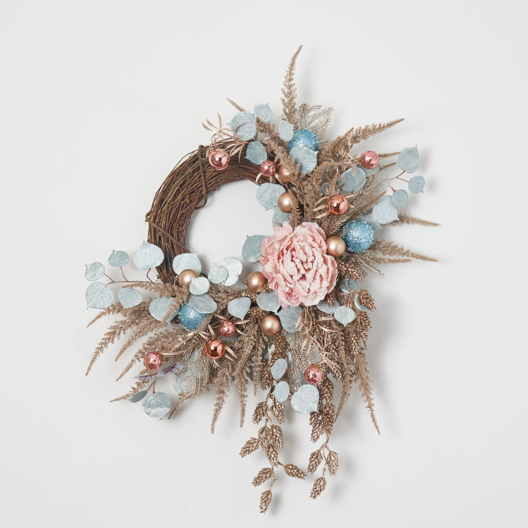 Dreaming of a Pastel Christmas - Glitter Hanging Pine Cone, Champagne Astilbe, Winter Peony & Sequin Ornament Christmas Wreath