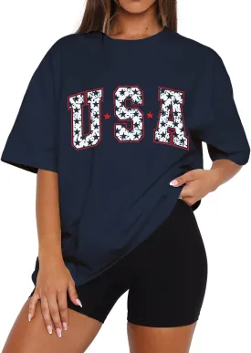 Dressmine Womens USA Oversized T-Shirts Summer Round Neck Short Sleeve Shirts Cute Print Graphic Tees