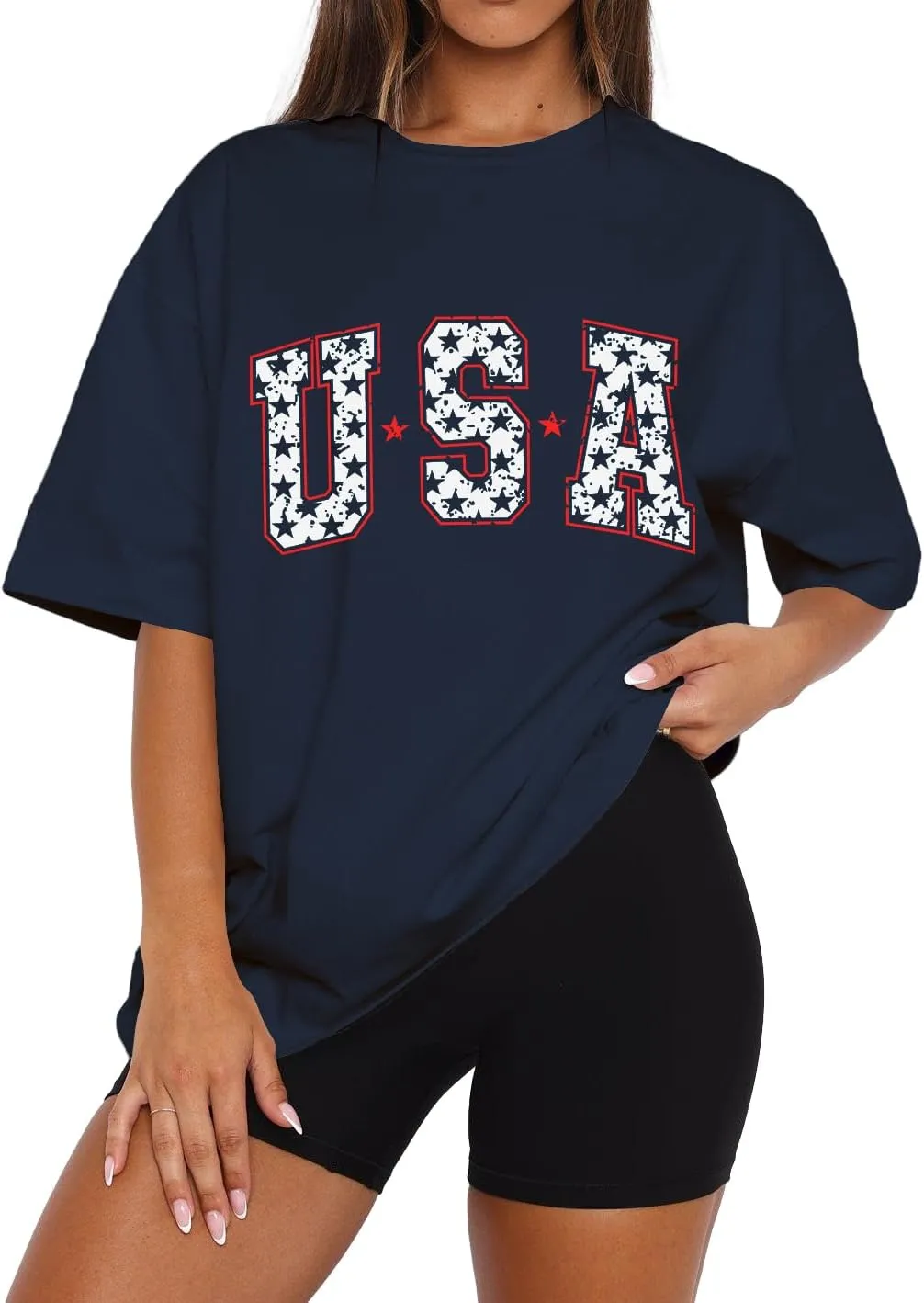 Dressmine Womens USA Oversized T-Shirts Summer Round Neck Short Sleeve Shirts Cute Print Graphic Tees