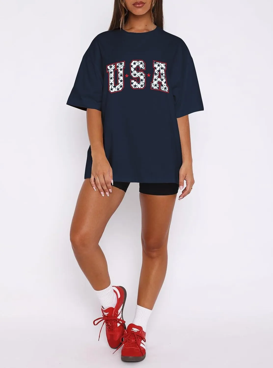 Dressmine Womens USA Oversized T-Shirts Summer Round Neck Short Sleeve Shirts Cute Print Graphic Tees
