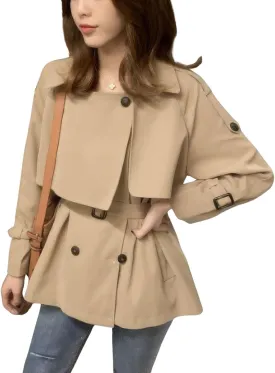 ebossy Women's Casual Notch Lapel Double Breasted Work Office Short Trench Coat with Belt