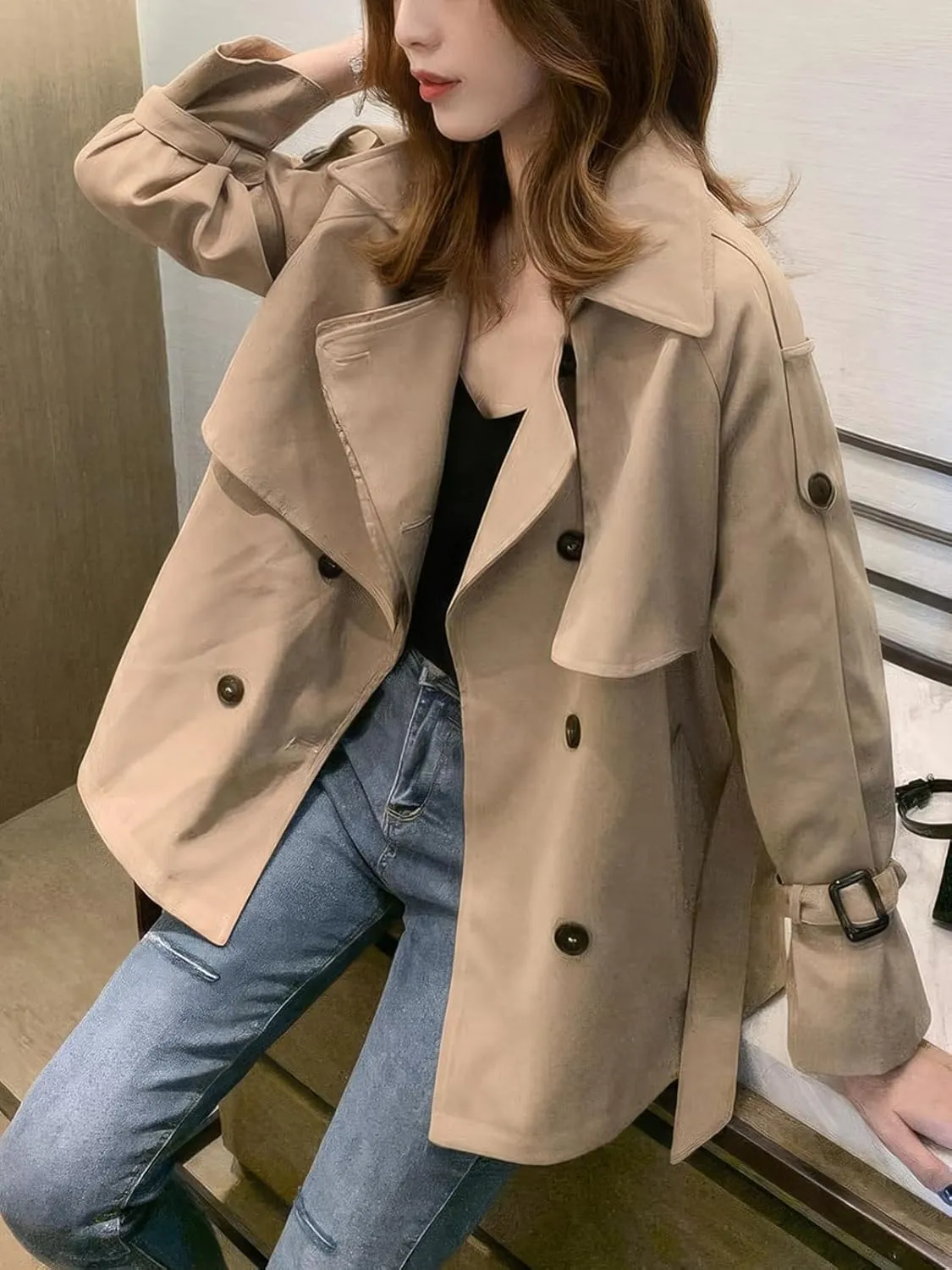 ebossy Women's Casual Notch Lapel Double Breasted Work Office Short Trench Coat with Belt