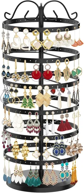 FLMOUTN 6 Tier Rotating Earring Stud Holder Organizer Stand, 264 Holes Metal Pierced Earring Storage Tower Display Rack, Adjustable Jewelry Tree Stand Organizer for Women Girls(Black)
