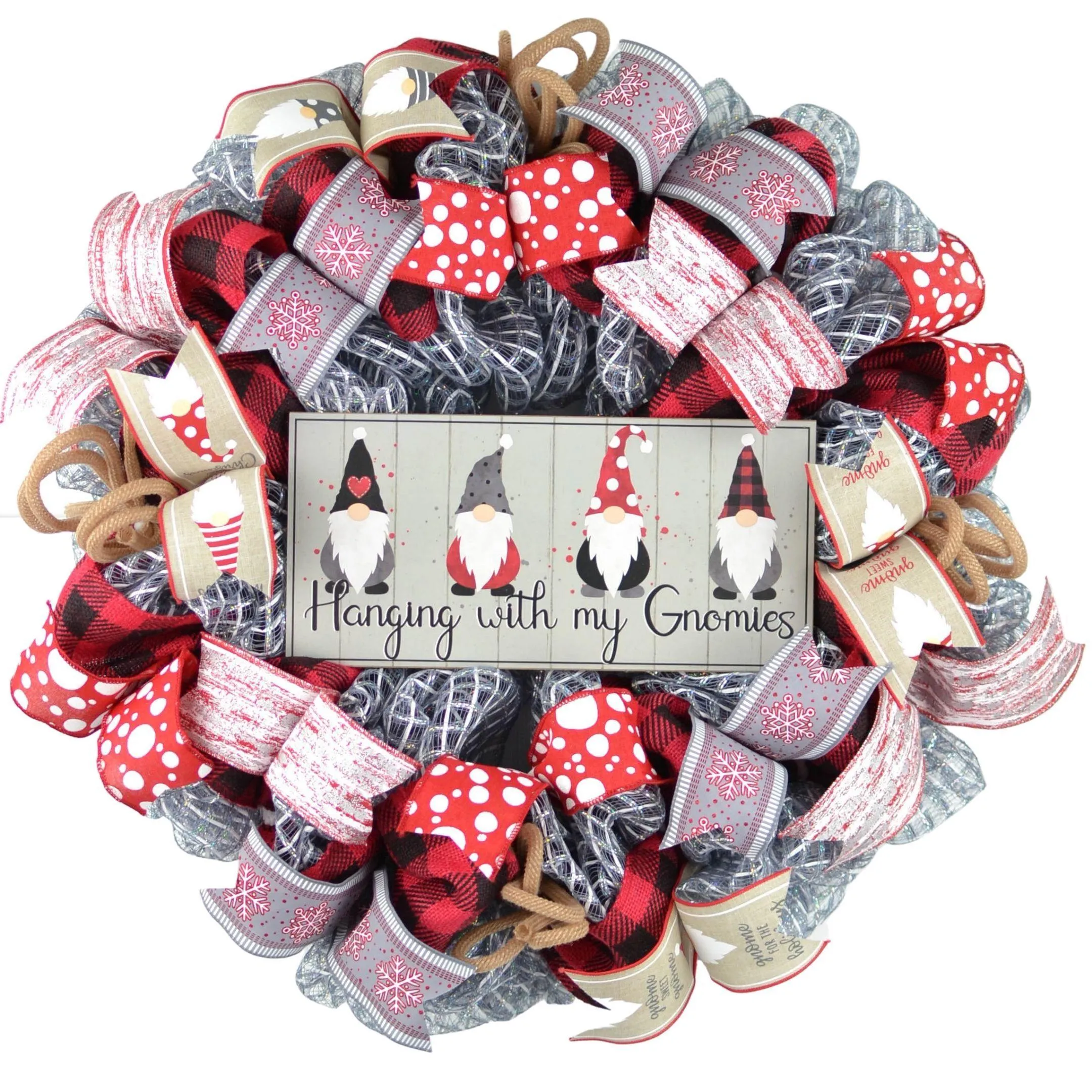 Gnome Christmas Farmhouse Wreath - Holiday Wreath Front Door Decor - White Red Burlap Grey Silver
