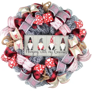 Gnome Christmas Farmhouse Wreath - Holiday Wreath Front Door Decor - White Red Burlap Grey Silver