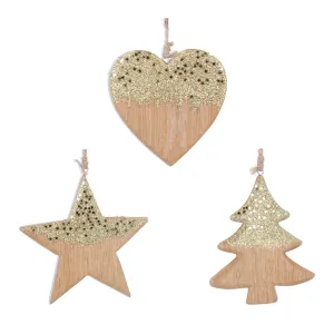 Gold Glitter Wooden Tree Decoration - Star, Heart or Christmas Tree