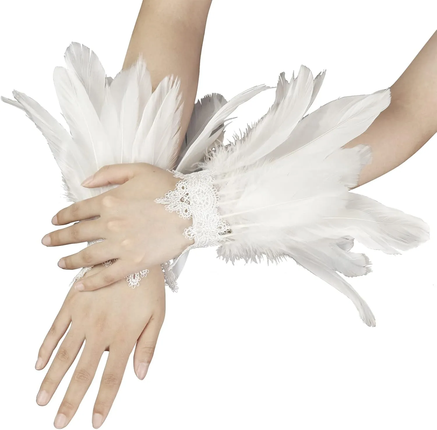 Halloween Long Nail Gloves Witch Nature Feather Cuffs Gloves Cosplay with Feather Demon Gloves