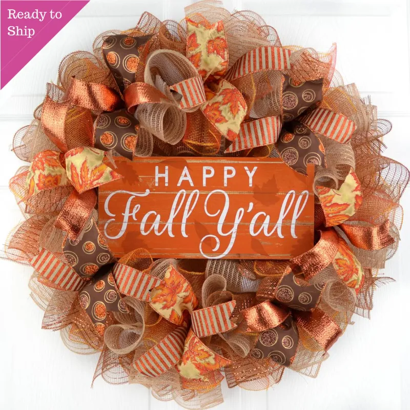 Happy Fall Y'all Wreath | Thanksgiving Deco Mesh Front Door Wreath