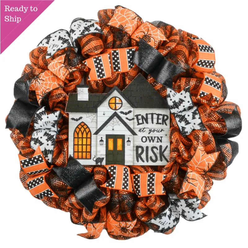 Happy Halloween Wreath - Haunted House Door Wreaths - Enter Own Risk Halloween Front Door Decor ; Orange Black White Stripe