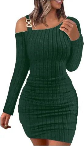 HGps8w Sweater Dress for Women Sexy Cold Shoulder Chain Strap Slim Fit Ribbed Knit Cocktail Party Bodycon Mini Dresses