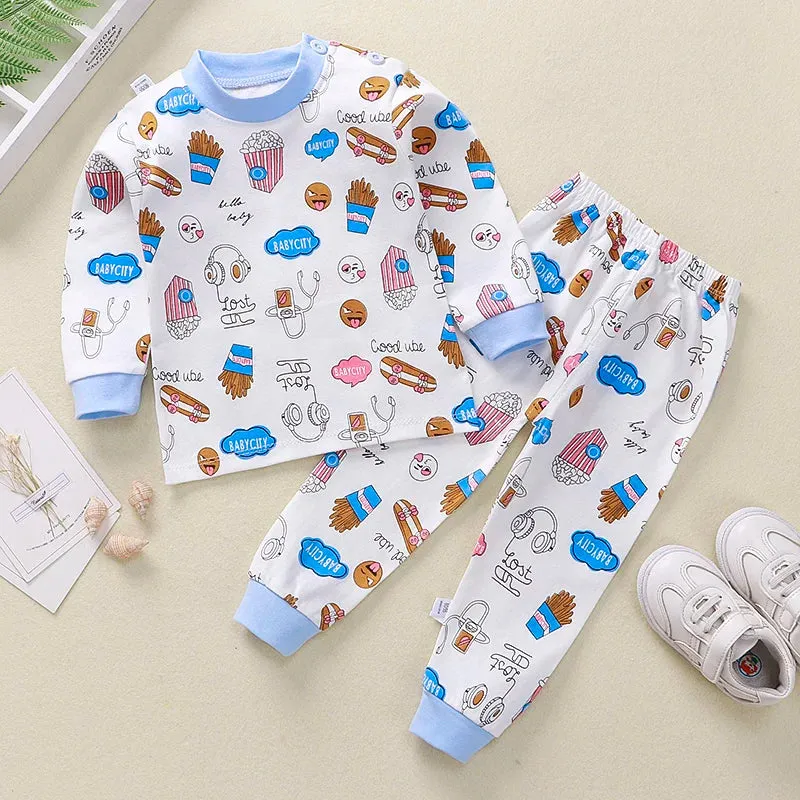 hibobi 2 Piece Set Car Pattern Round Neck Pure Cotton Toddler Boys Pajamas Pajama Pants Set Cute Casual Fashion Home Wear