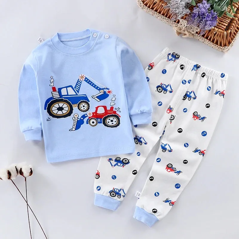 hibobi 2 Piece Set Car Pattern Round Neck Pure Cotton Toddler Boys Pajamas Pajama Pants Set Cute Casual Fashion Home Wear