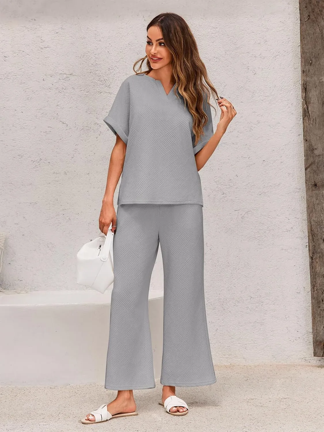 Imily Bela Womens 2 Piece Outfits Short Sleeve V neck Tops and Wide Leg Pants Sets Loungewear Casual Summer Tracksuits