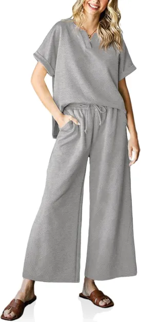 Imily Bela Womens 2 Piece Outfits Short Sleeve V neck Tops and Wide Leg Pants Sets Loungewear Casual Summer Tracksuits