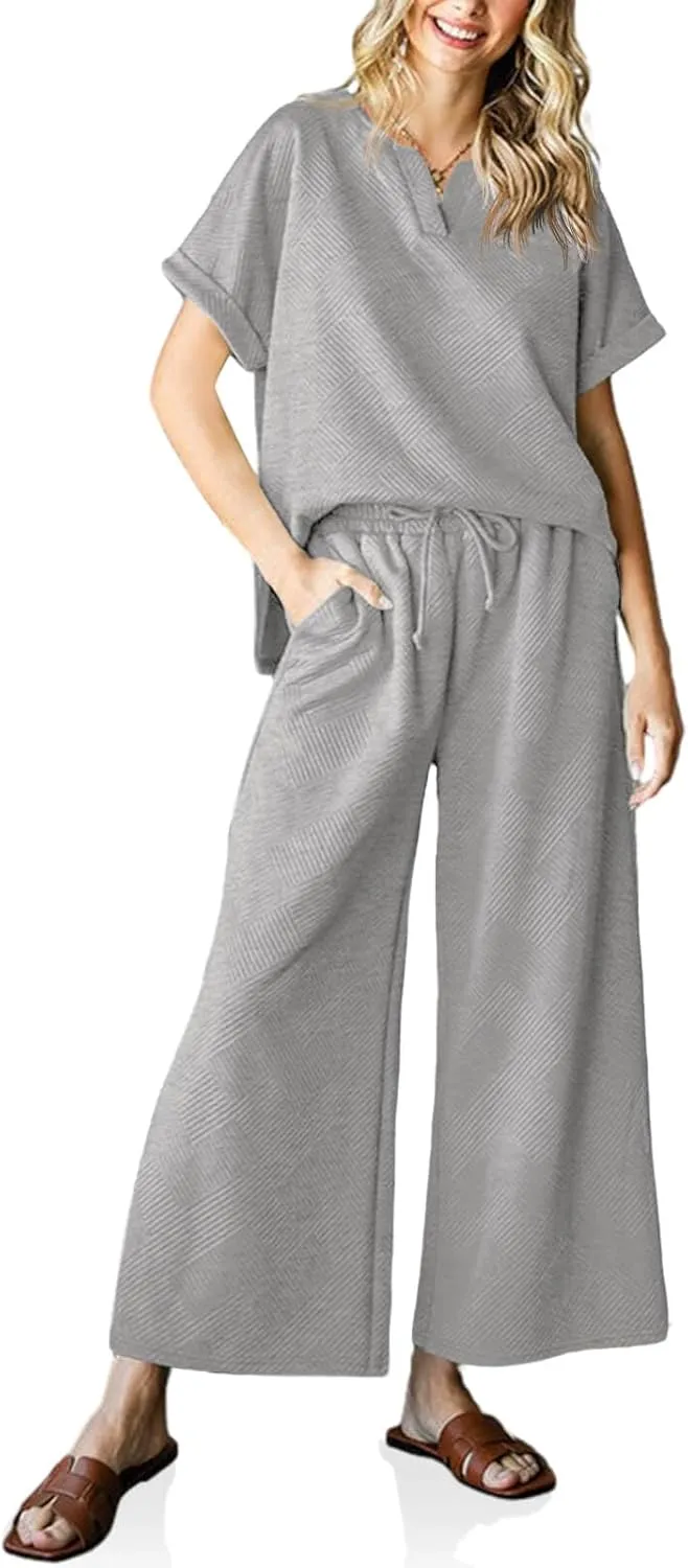 Imily Bela Womens 2 Piece Outfits Short Sleeve V neck Tops and Wide Leg Pants Sets Loungewear Casual Summer Tracksuits