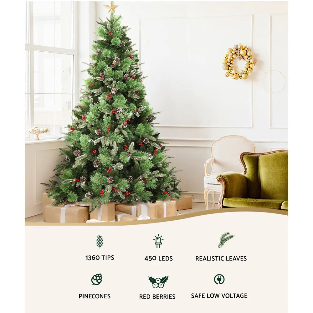 Jollys 2.1M Christmas Tree with Pine Cones Red Berries Prelit LED Warm Lights